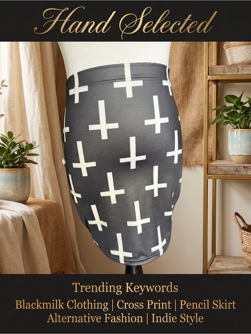 BlackMilk Black White Cross Print Bodycon Pencil Skirt Gothic Alt Festival S